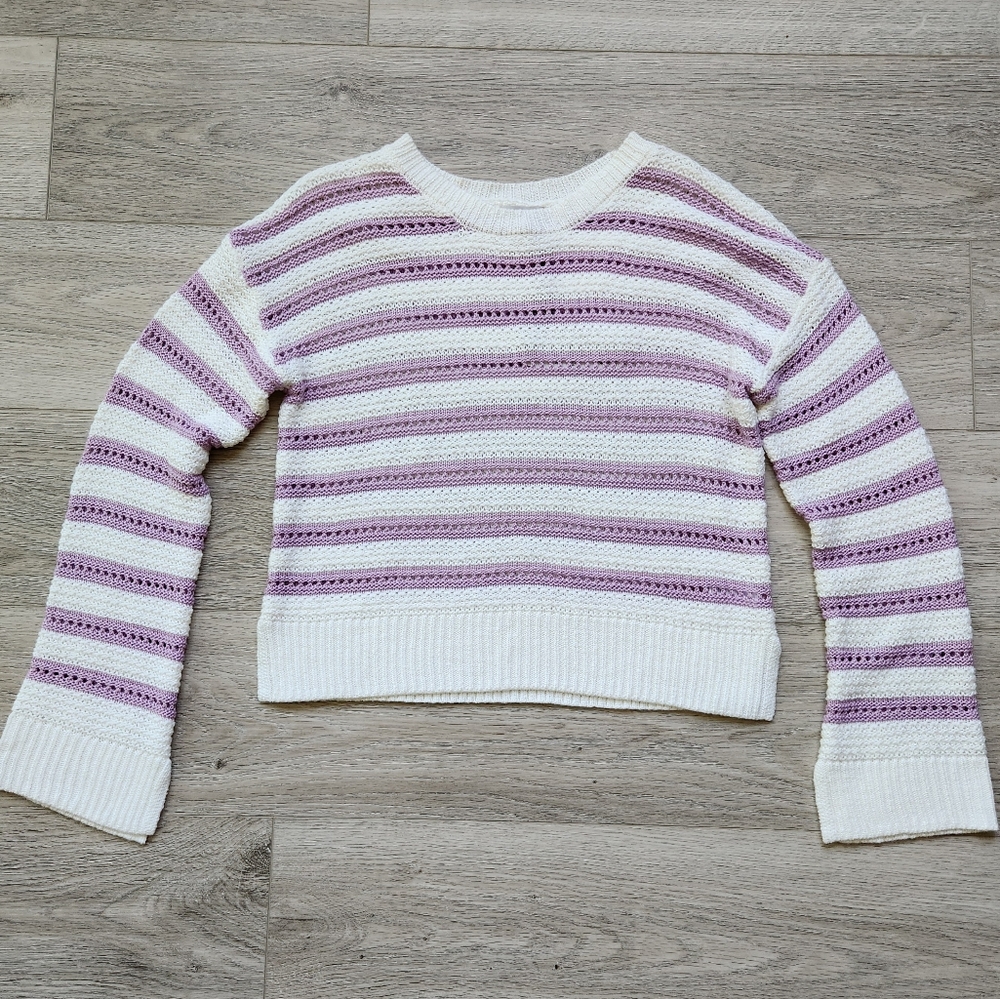 Gypsy Cloud Purple Stripe Crochet Top Womens Small Long Sleeves White Shirt